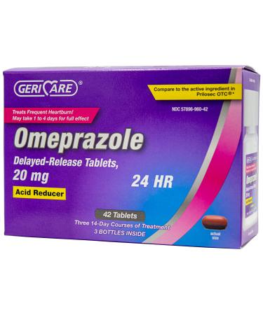 GeriCare Omeprazole Delayed Release Tablets 20 mg | Acid Reducer | Treats Heartburn (42 Count)