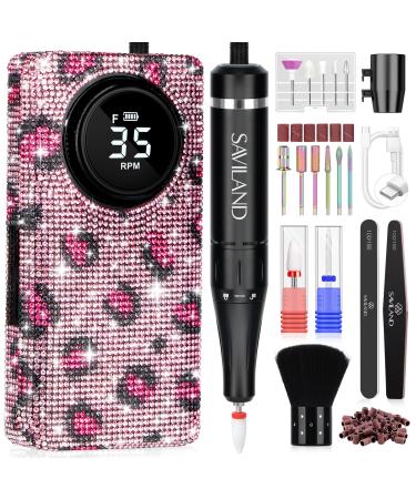 SAVILAND Portable Nail Drill 35000RPM: Professional E-File Rechargeable Electric Filer Acrylic Removal Endurance Diamond Shiny Drill Dremel Ceramic Bits Expert Salon Use Manicure Pedicure Pink Leopard Print