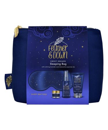 Feather & Down Sleeping Bag Gift Set (luxury eye mask sleep balm pillow spray and shower cream) - with calming lavender & chamomile essential oils. Vegan Friendly & Cruelty Free. Single