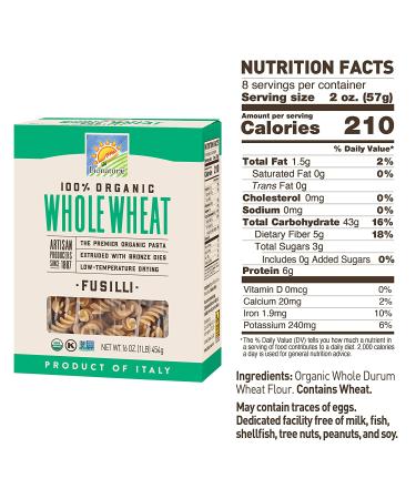 Bionaturae Whole Wheat Fusilli Pasta 16 oz (6 Pack) | Non-GMO, Kosher, USDA Organic, Made in Italy - Buy Online on GoSupps.com
