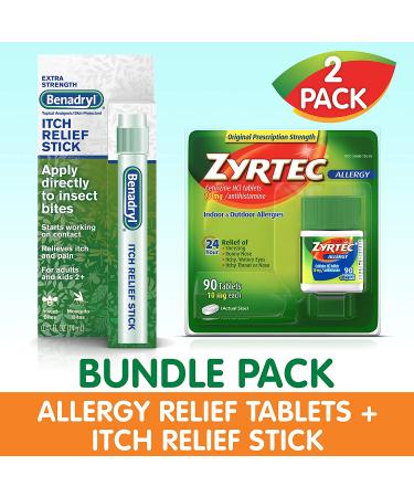 Zyrtec 24 Hour Allergy Relief Tablets & Benadryl Itch Relief Stick Bundle Pack | 90 ct Cetirizine HCl & Extra Strength Diphenhydramine with Zinc Acetate - Buy Online on GoSupps.com