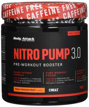 Body Attack Nitro Pump 3.0 - Peach Passion - 400 G Powder - Caffeine -Free and Made in Germany - Pre Workout Booster for High -Dosed Energy Drinks - With Taurin Creatin Maltodextrin and L -Arginine Peach Passion 400 G (1 Series Pack)
