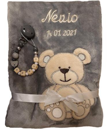 Custom Embroidered Wuff-Dogsworld Baby Blanket & Pacifier Strap - Perfect Gift for Baptism & Birth (Grey) | International Shipping Available - Buy Online on GoSupps.com