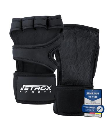 NetroxSports - Training gloves with wrist support for bodybuilding weight lifting strength training & fitness - fitness gloves with wrist protection for men & women Schwarz L