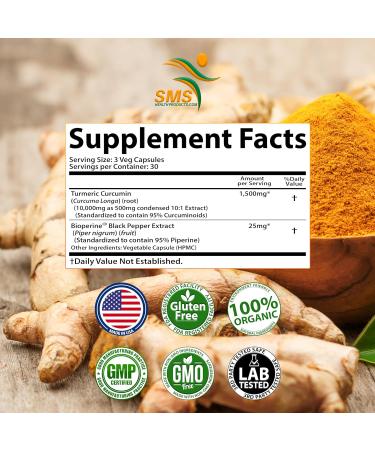 Turmeric Curcumin with Black Pepper 1 500mg | 90 Veggie Capsules | Dietary Supplement with 95% Standardized Curcuminoids & Bioperine for Potency & Absorption | Non-GMO Gluten Free - Buy Online on GoSupps.com