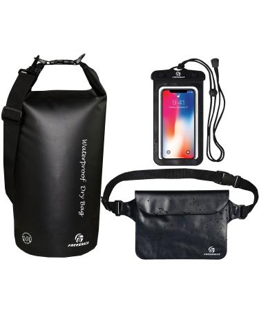 Freegrace Waterproof Dry Bags Set of 3 - Dry Bag with 2 Zip Lock Seals & Detachable Shoulder Strap, Waist Pouch & Phone Case - Can Be Submerged Into Water for Swimming, Kayak, Rafting & Boating Black 5L