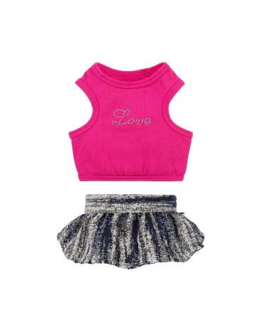 Fitwarm 2 Piece Dog Clothes for Small Dogs Girl with Crop Top and Denim Skirt, Summer Dog Dress with Rhinestones Lettering, Pet Cat Outfit, Hot Pink, Large Large Hot pink