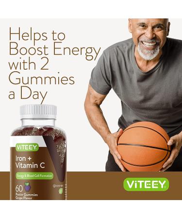Iron Gummies 20mg + Vitamin C 26mg for Iron Deficiency and Anemia - Energy Support, Blood Cell Formulation - Vegan Chewable Grape Gummy Chews 60 ct (Pack of 2) - Buy Online on GoSupps.com