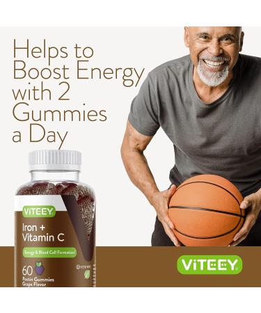 Iron Gummies 20mg + Vitamin C 26mg for Iron Deficiency and Anemia - Energy Support, Blood Cell Formation - Vegan, Gluten-Free, GMO-Free Chewable Grape Gummy Chews - 60 Servings - Buy Online on GoSupps.com