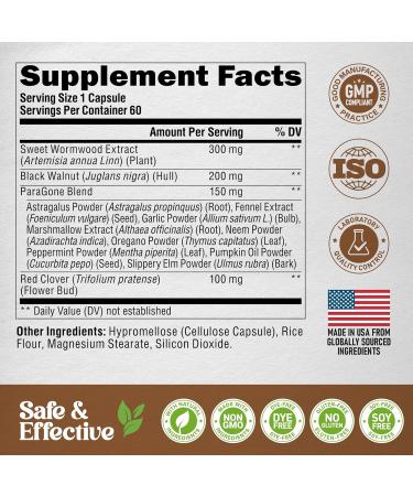 Wormwood Black Walnut Clove & Astragalus - ParaGone for Cleanse Detox Intestinal & Gut Flora Support - 12 in 1 Complex for Men & Women - NON-GMO Vegan - Made in USA - 60 Capsules for 2 Months - Buy Online on GoSupps.com
