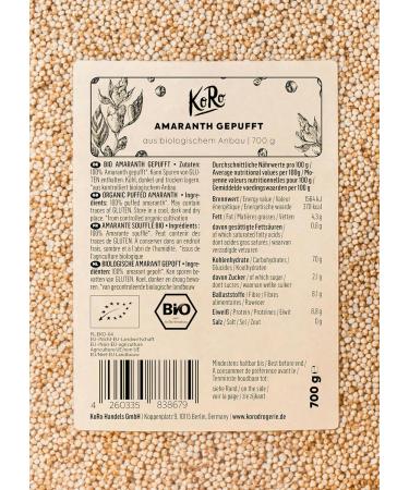 KoRo - Organic Puffed Amaranth 700g - Unsweetened perfect as a crunchy topping for muesli and porridge. - Buy Online on GoSupps.com