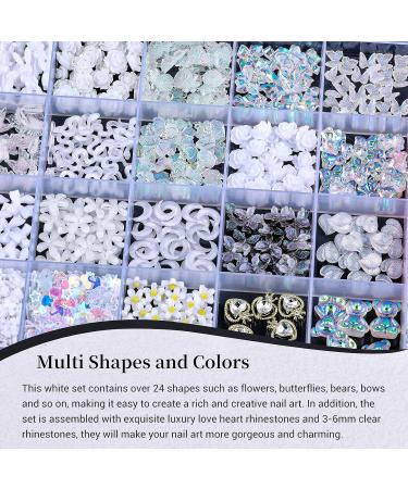 3D Acrylic Nail Charms Kit - Flower Butterfly & Gummy Bear Jewelry | Heart Shaped Flatback Rhinestones | Nail Art Decor with Picker Tools (24 Grids White - Buy Online on GoSupps.com