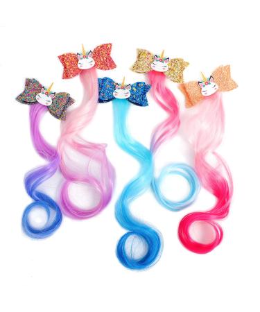 5-Colors Unicorn Hair Clips Hair Accessories For Girls Glitter Hair Bows Braided Curly Wig Hair Extension For Kids Princess Dress Up(5PCS) Hair clips-A