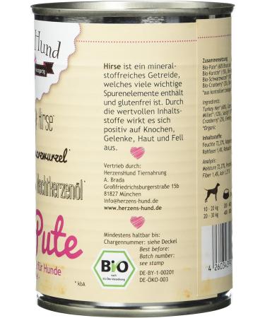 Herzens-Hund HerzensHund Organic Turkey with Organic Millet Organic Carrot Organic Black Root Organic Cranberry Evening Primrose Oil Gluten Free 12 x 400 g - Buy Online on GoSupps.com