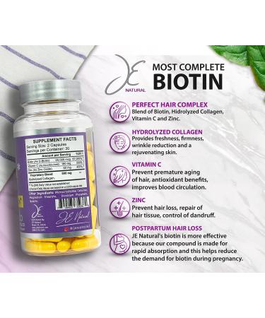 JE Natural Biotin Hair Skin and Nails Vitamins - 60 Capsules | 20000mcg with Collagen, Vitamin C, Zinc | Faster Hair Growth | Postpartum Hair Loss Solution | Women and Men's Supplements - Buy Online on GoSupps.com