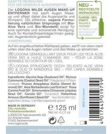 Logona Organic Eye Makeup Remover with Aloe Vera & Almond Oil - 125ml | Gentle, Vegan, Waterproof Makeup Remover - Buy Online on GoSupps.com