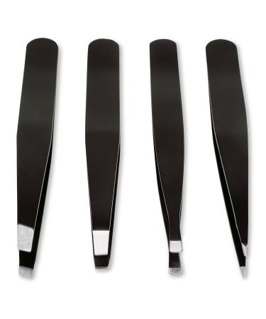 Precision Tweezers Kit - 4-Piece Professional Set for Eyebrow Grooming and Hair Removal with Case & Mirror - Slant, Pointed, Curved, and Flat Tips - Black - Buy Online on GoSupps.com