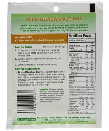 Concord Foods Mild Guacamole Dip Mix - Pack of 4, 1.1 oz Packets - Buy Online on GoSupps.com