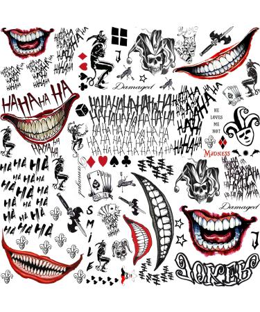 GOROMON 6 Sheets The Joker Temporary Tattoos For Halloween Makeup Kit  Suicide Squad Joker Tattoos Stickers For Women Men Adults  Damaged Tattoo Joker Hand Smile Face Poker Prisoner Costume Skull Set B(6 Sheets)