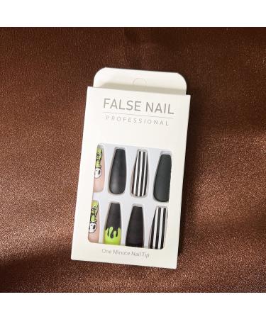 24Pcs Halloween Coffin Fake Nails - Black & White Stripes with Ghost Design | Glossy Stick on Acrylic Nails for Women & Girls - Buy Online on GoSupps.com