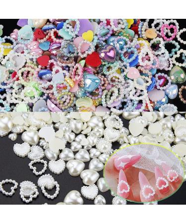 500Pcs Pearls Heart Nail Charms AB Color Beige Creamy White Multi Shapes Sizes Hollow Heart Pearls Nail Beads ABS Pearls 3D Nail Charms for Valentine's Day Manicure DIY Crafts Jewelry Accessories S3-mix creamy