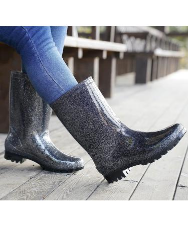 DaeRainy Women's Black Waterproof Mid Calf Rain Boots - Size 8.5 | Non Slip Garden Shoes with Glitter Detail - Buy Online on GoSupps.com