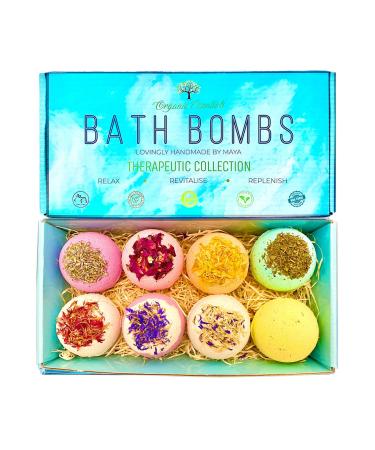 Luxury Therapeutic Organic Bath Bomb Gift Set Natural Essential Oils Enriched with Organic Coconut Oil Cocoa Butter 8 Large Handmade Aromatherapy Bath Fizzies Made in UK
