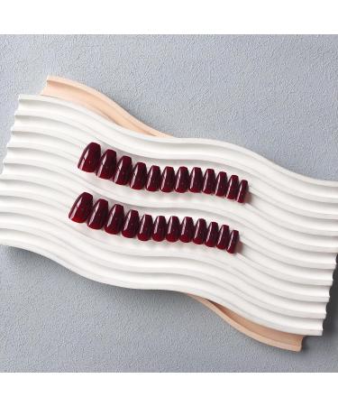 Dark Red Press On Nails - Medium Short Square & Ballerina Coffin Shape | 24 PCS Glossy Acrylic Fake Nails | Xcreando Spring Summer Collection - Buy Online on GoSupps.com