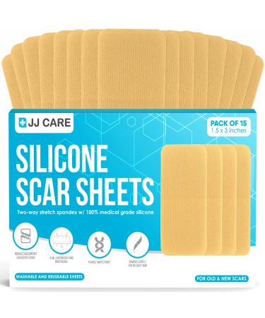 JJ CARE Silicone Scar Sheets (1.5" x 3") Medical Silicone Scar Removal Sheets [Pack of 15] Silicone Scar Strips for Scars, Keloid & Acne, 15 Reusable Scar Treatment Sheets for Burns & Surgery Scars