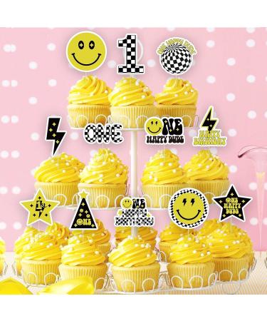 48Pcs One Happy Dude Cupcake Toppers Smiley Face Cupcake Topper One Happy Dude Birthday Decorations Suitable for One Happy Dude/One Year Old/One Cool Dude 1st Birthday Decorations - Buy Online on GoSupps.com