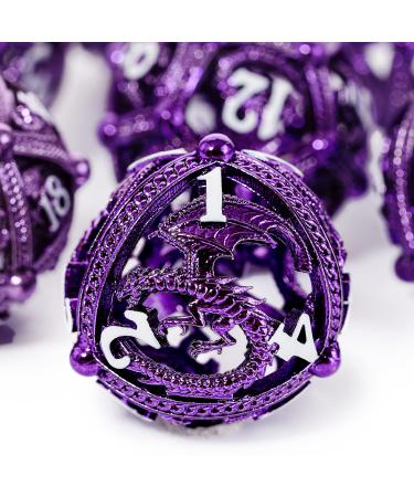 Metal DND Dice Set - Unique Round Hollow Orb Design for Better Rolling - Beautiful Dragon Metal Dice Set for Role Playing Games (RPG) - Stunning D&D Dungeons and Dragons Dice Set (Purple) Purple Dragon