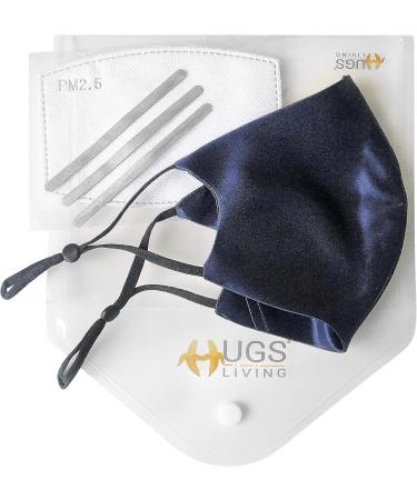 Hugs Living 100% Mulberry Silk Face Mask with Filter Pocket and Adjustable Ear Loops 4 Pieces Nose Wire and 1 Piece Filter are included (Navy Blue) - Buy Online on GoSupps.com
