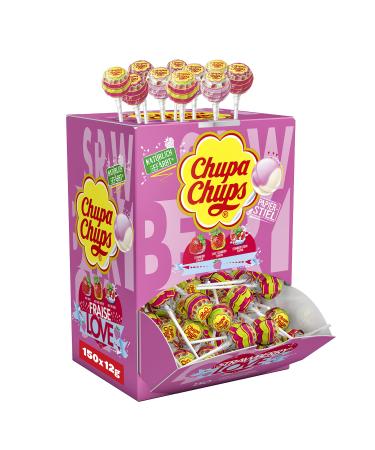 Chupa Chups Lollis Strawberry Lover counter display with 150 fruity & creamy strawberry lollipops ideal for kiosk candy bar & office 150 x 12g - Buy Online on GoSupps.com