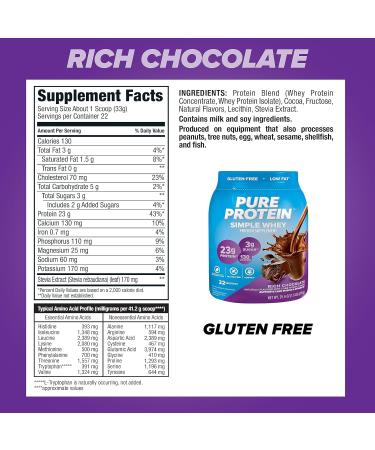 Pure Protein Simple Whey Protein Powder Gluten Free 23G Protein Rich Chocolate 1.6lbs 1.6 Pound (Pack of 1) Chocolate - Buy Online on GoSupps.com