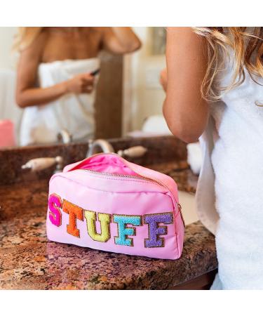 Fablinks Chenille Varsity Letter Makeup Pouch in Pink - Girls Travel Cosmetic Organizer Bag for Skincare - Teen Easter Basket Stuffer - Buy Online on GoSupps.com