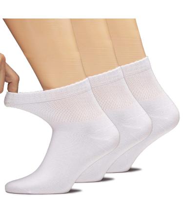 Hugh Ugoli Women's Bamboo Ankle Loose Fit Diabetic Socks, Soft, Seamless Toe, Wide Non-Binding, 3 Pairs, Shoe Size: 6-9/10-12 6-9 White