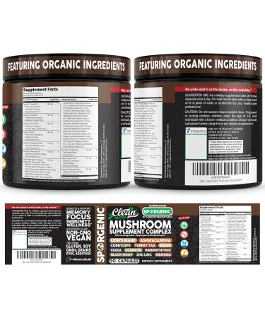 Organic Mushroom Supplement | Ashwagandha Lions Mane Cordyceps Turkey Tail Reishi Mushrooms Maca Root Black Hoof Chaga Tremella Agarikon Shiitake Oyster Powder Capsules Sporgenic by Clean Nutra (1) - Buy Online on GoSupps.com