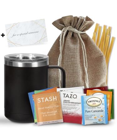 Bellina Tea Gift Baskets for Women and Men - Herbal Tea Variety Pack Gift Set for a Special Someone & Tea Lovers - Tea Mug Gift Set With 20 Premium Teas, 10 Honey Straws, Gift Tag, Natural Gift Bag For a Special Someone Black