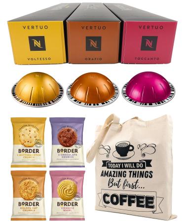Nespresso Vertuo Coffee Capsules Espresso Selection - Orafio Toccanto Voltesso - 3 Boxes (30 Pods) Bundled with Border Biscuits & Giftable Tote Bag