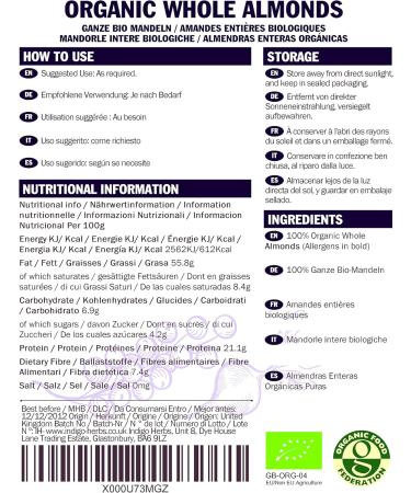 Indigo Herbs Organic Whole Almonds 250g - Buy Online on GoSupps.com