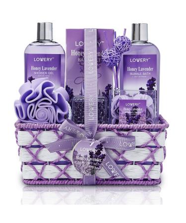 Bath and Body Gift Basket For Women and Men, Honey Lavender Home Spa Set with Essential Oil Diffuser, Soap Flowers, Bath Salts, Bubble Bath and More - 13 Piece Set, Presents for Mom
