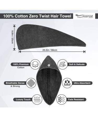 KEEPOZ Zero Twist 100% Cotton Hair Towel Wrap - Rapid Drying Terrycloth Turban for Long & Thick Hair | Anti-Frizz Hair Towel with Button & Elastic Strap - Grey - Buy Online on GoSupps.com