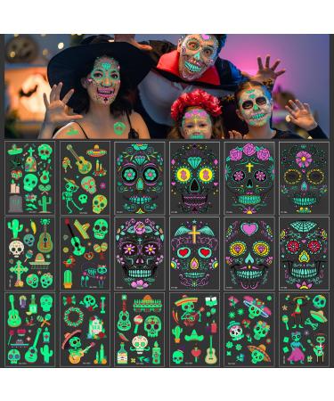 18 Sheets Halloween Temporary Face Tattoos Luminous Glow in the Dark Tattoos Waterproof Floral Day of the Dead Sugar Skull Face Stickers for Kids Women Adults Halloween Masquerade Party Favor Supplies