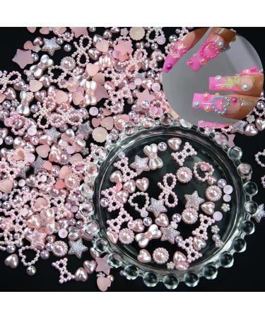 500Pcs Pink Pearls Heart Nail Charms Mixed Styles Flatback Heart Bowknots Star Cute Assorted Pink Pearls Heart Beads 3D Nail Art Charms Material Embellishments for Nail Art DIY Crafts Accessories S3-Pink
