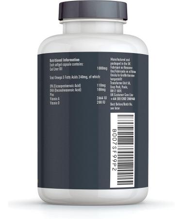 Transforme Cod Liver Oil Capsules 1000mg High Strength - 180 Omega 3 Softgels with EPA, DHA, Vitamins A & D3 | 6 Month Supply, Gluten Free - Buy Online on GoSupps.com