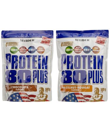Weider protein 80 plus protein powder 2 pack mixed chocolate/hazelnut nougat low-carb multi-components casein whey mix for proteinshakes 2x500g
