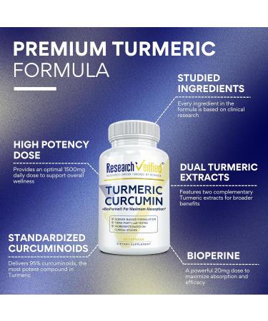 Research Verified Turmeric Curcumin Supplement with Black Pepper (BioPerine) - High Potency Curcumin - Antioxidant Joints & Daily Wellness - 60 Vegan Turmeric Capsules - Made in USA - 3 Month Supply 60 Count (Pack of 3) - Buy Online on GoSupps.com