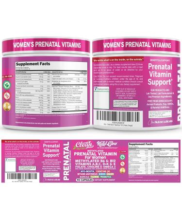 Natal Glow Methylated Prenatal Vitamins for Women Folate Omega 3 Vitamins A B12 C D3 E K2 Iron Riboflavin Biotin Choline Calcium Iodine Magnesium Zinc Selenium Copper Manganese by Clean Nutra - Buy Online on GoSupps.com