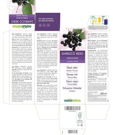 Black Elder Flowers and Fruits Alcohol-Free Mother Tincture 200ml by Naturalma - Vegan Liquid Extract Drops - Food Supplement - Buy Online on GoSupps.com