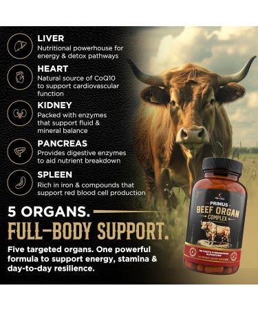 Grass Fed Beef Organ Supplement for Men & Women - PRIMUS Grassfed Beef Liver Capsules with Heart Ancestral Blend 5 Organ Meat Supplements & BioPerine for Absorption Vitality Energy 180 Pills - Buy Online on GoSupps.com